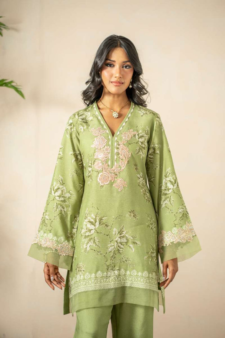 Shamaeel - Olive Bloom Khaadi Silk Suit For Women - Green & Ivory - 3 Piece