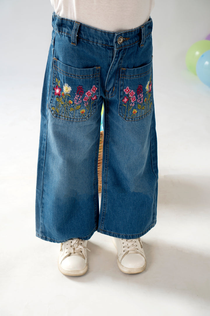 Hummingbirds - Embroidered Wide-Leg Denim Jeans - 1 Piece