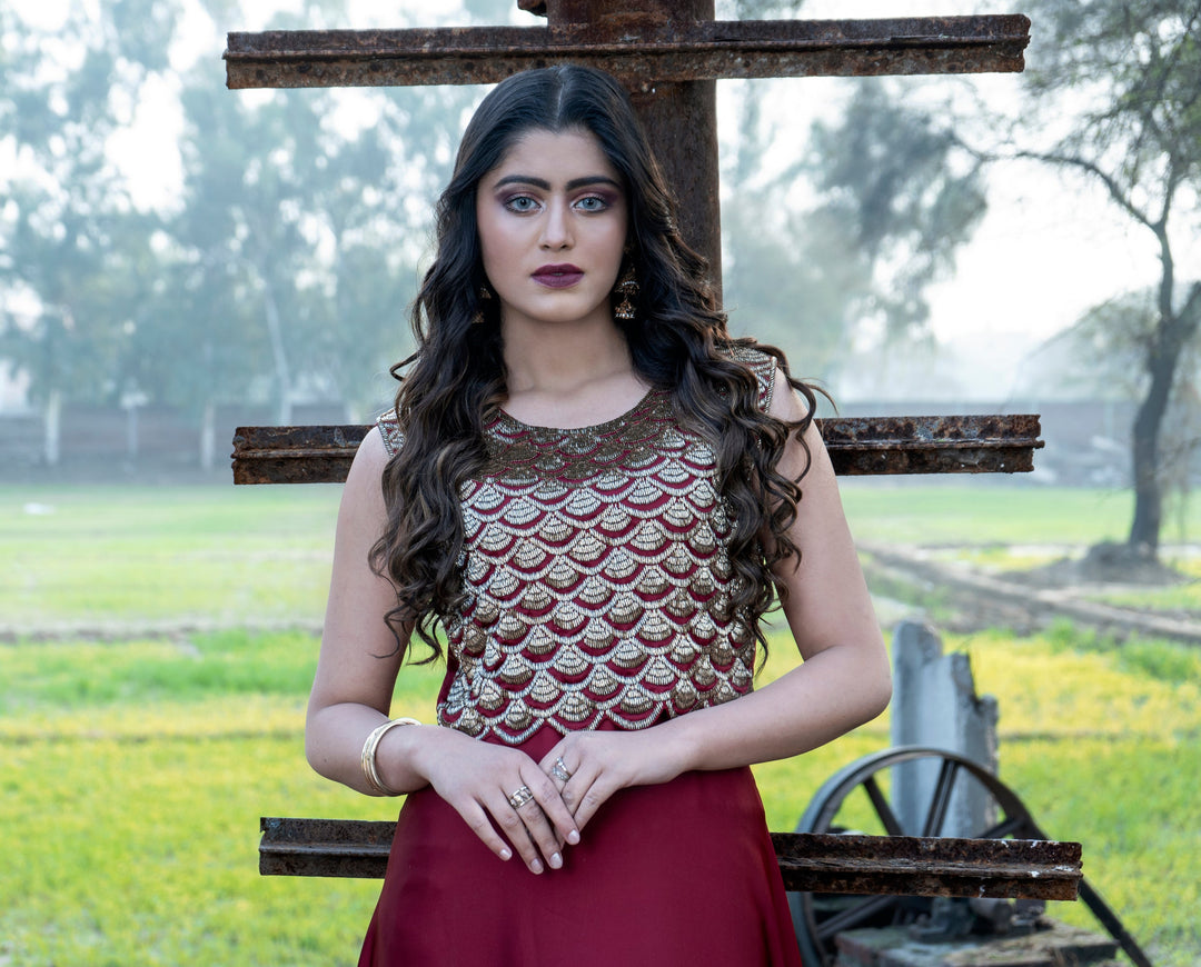 Syah - Umbrella Gown - Maroon - Silk - 1 Piece