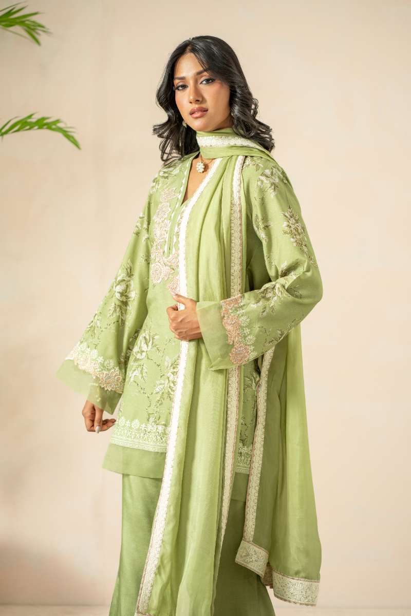 Shamaeel - Olive Bloom Khaadi Silk Suit For Women - Green & Ivory - 3 Piece