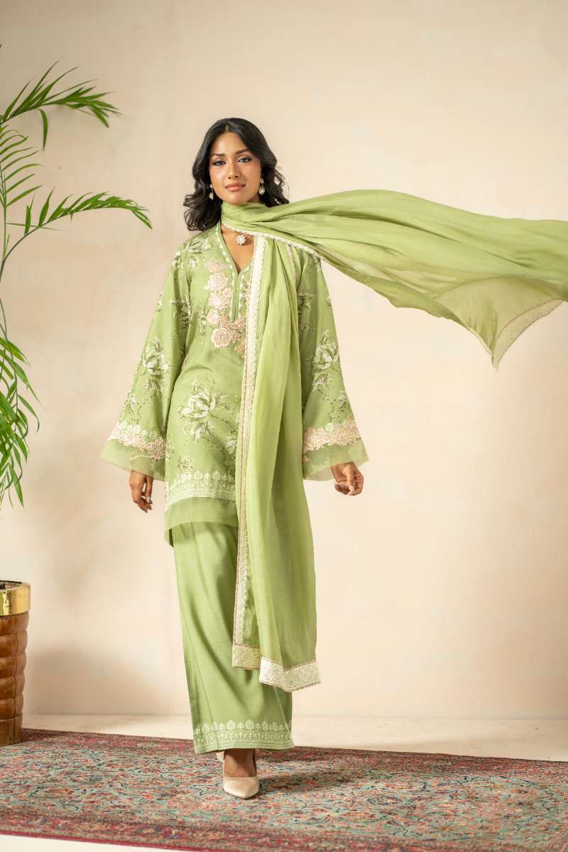 Shamaeel - Olive Bloom Khaadi Silk Suit For Women - Green & Ivory - 3 Piece
