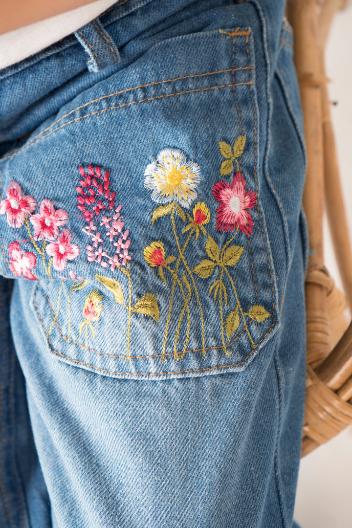Hummingbirds - Embroidered Wide-Leg Denim Jeans - 1 Piece
