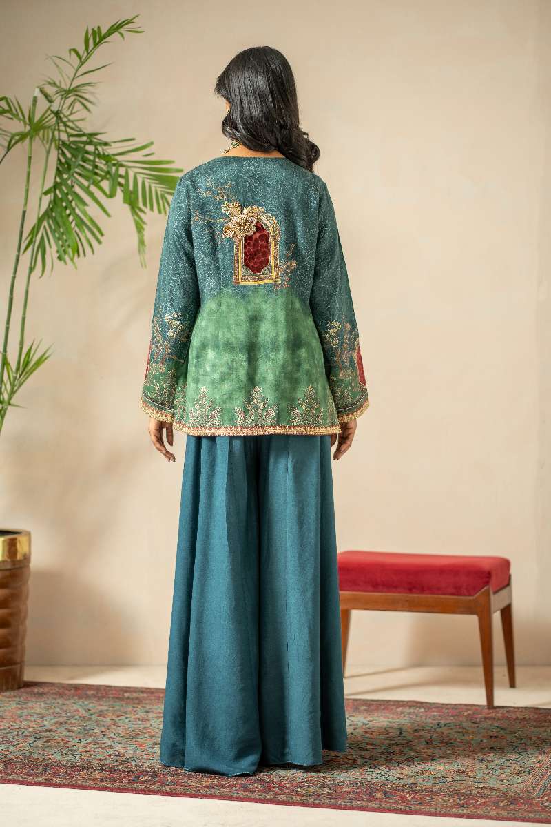 Shamaeel - Emerald Mist Viscose Silk Suit For Women - Emerald Green & Teal  - 2 Piece