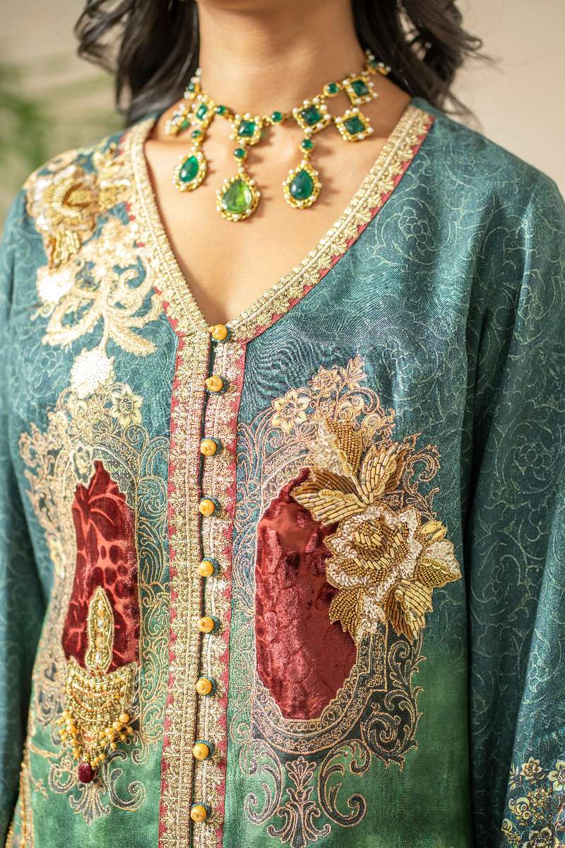 Shamaeel - Emerald Mist Viscose Silk Suit For Women - Emerald Green & Teal  - 2 Piece
