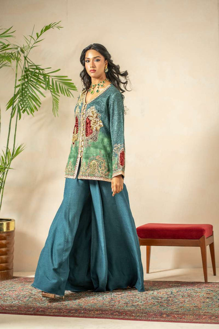 Shamaeel - Emerald Mist Viscose Silk Suit For Women - Emerald Green & Teal  - 2 Piece