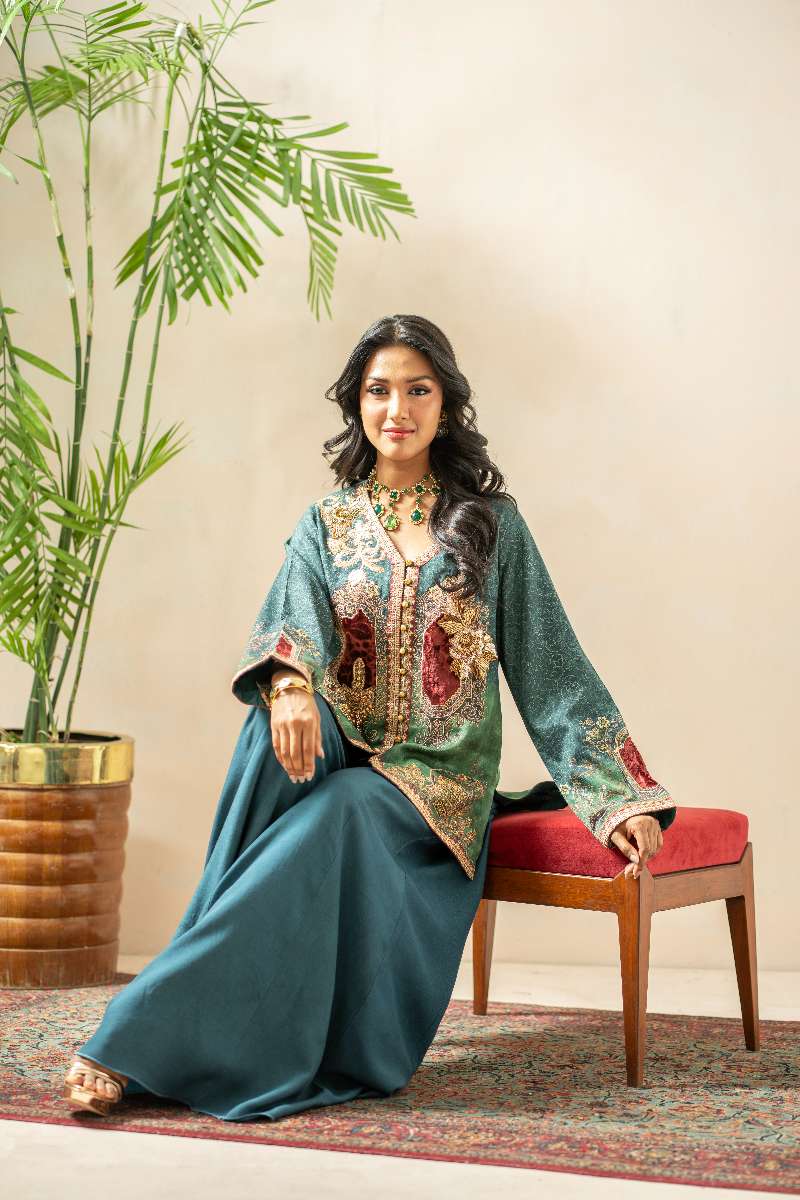Shamaeel - Emerald Mist Viscose Silk Suit For Women - Emerald Green & Teal  - 2 Piece