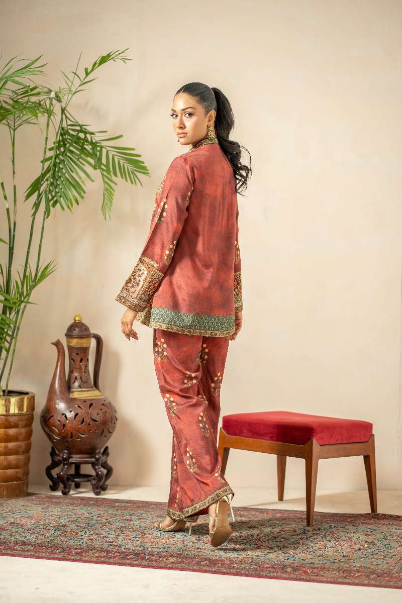 Shamaeel - Rustic Dream Viscose Silk Suit For Women - Crimson Red & Antique Gold - 3 Piece