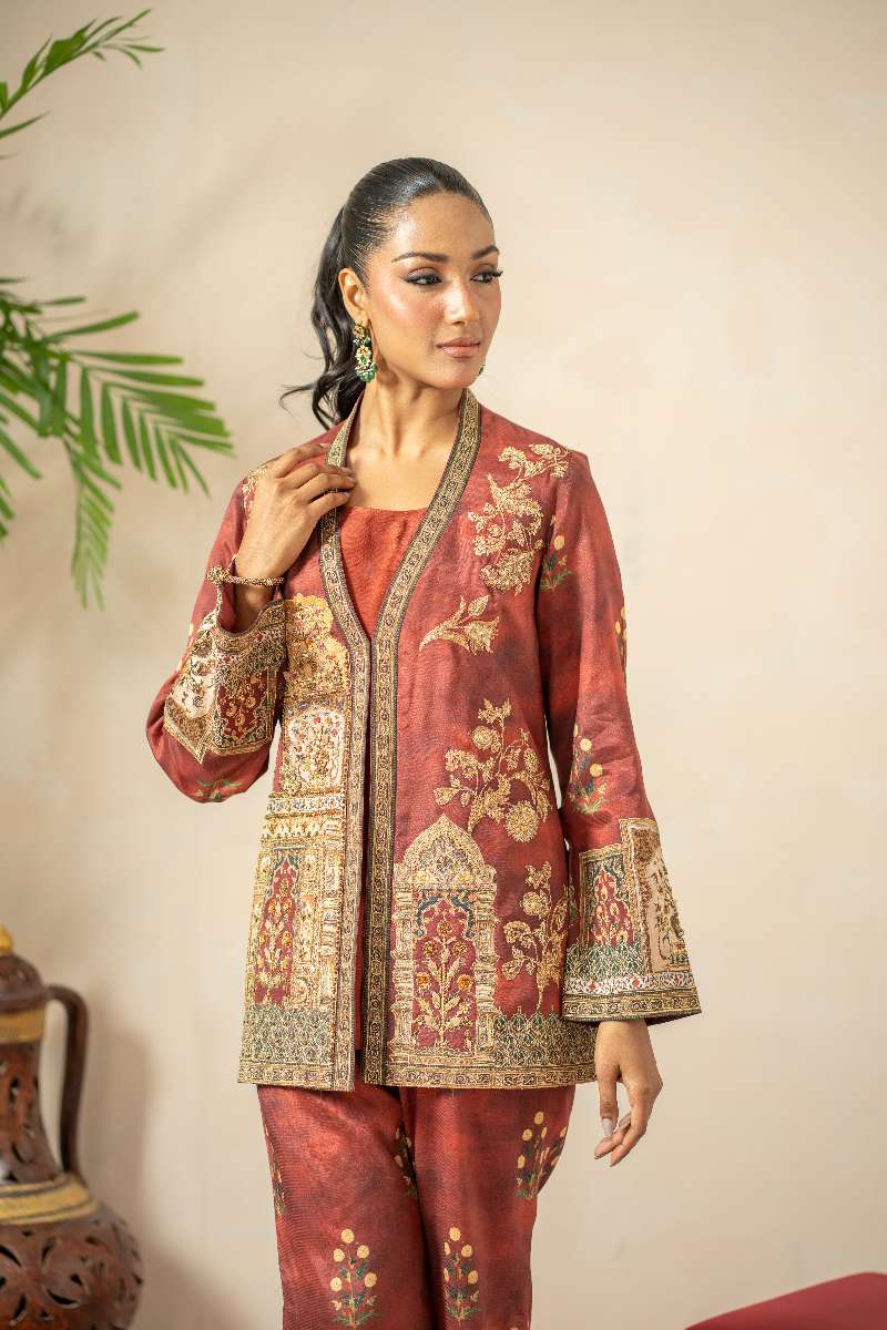 Shamaeel - Rustic Dream Viscose Silk Suit For Women - Crimson Red & Antique Gold - 3 Piece