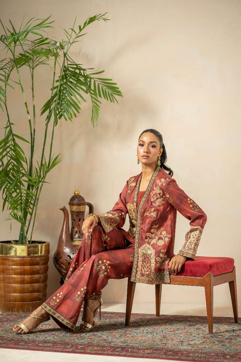 Shamaeel - Rustic Dream Viscose Silk Suit For Women - Crimson Red & Antique Gold - 3 Piece