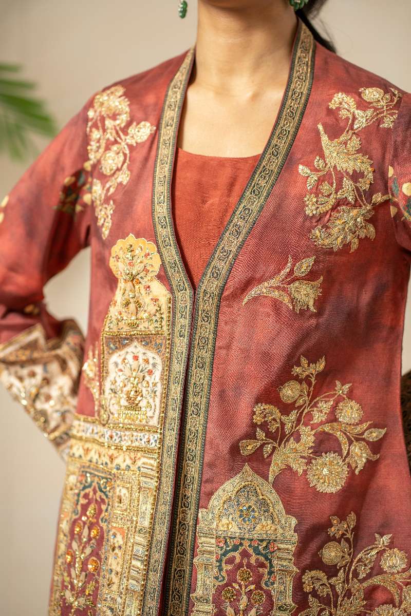 Shamaeel - Rustic Dream Viscose Silk Suit For Women - Crimson Red & Antique Gold - 3 Piece