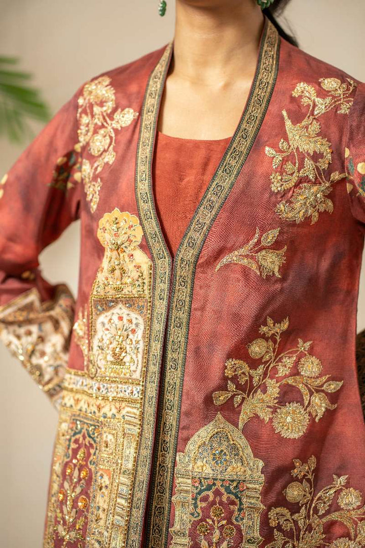 Shamaeel - Rustic Dream Viscose Silk Suit For Women - Crimson Red & Antique Gold - 3 Piece