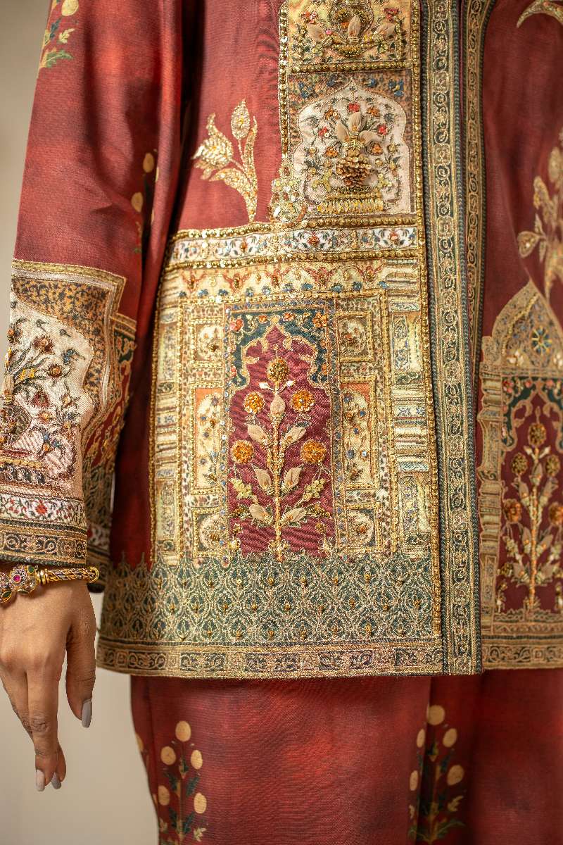 Shamaeel - Rustic Dream Viscose Silk Suit For Women - Crimson Red & Antique Gold - 3 Piece