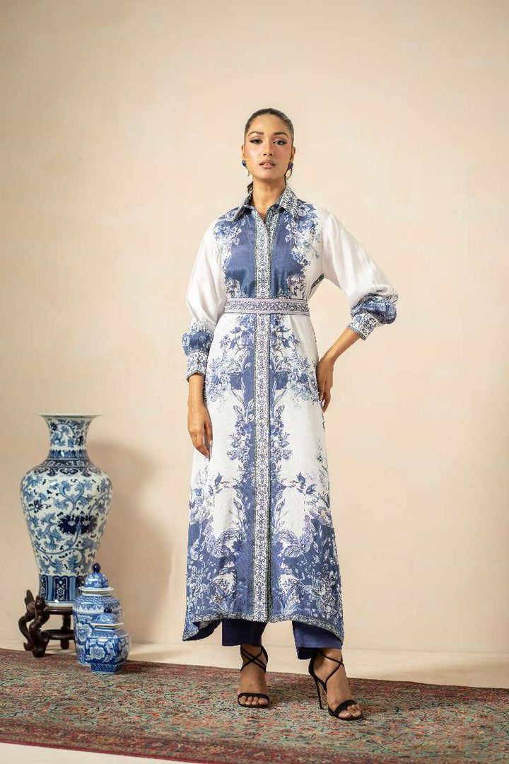 Shamaeel - Sapphire Breeze Viscose Silk Suit For Women - Blue & White - 2 Piece