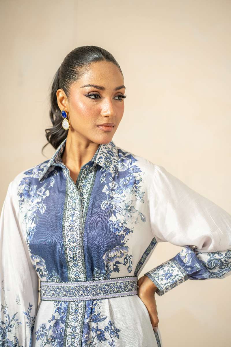 Shamaeel - Sapphire Breeze Viscose Silk Suit For Women - Blue & White - 2 Piece