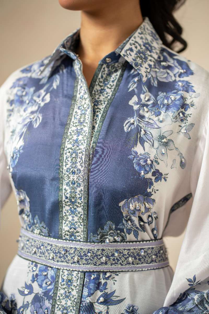 Shamaeel - Sapphire Breeze Viscose Silk Suit For Women - Blue & White - 2 Piece