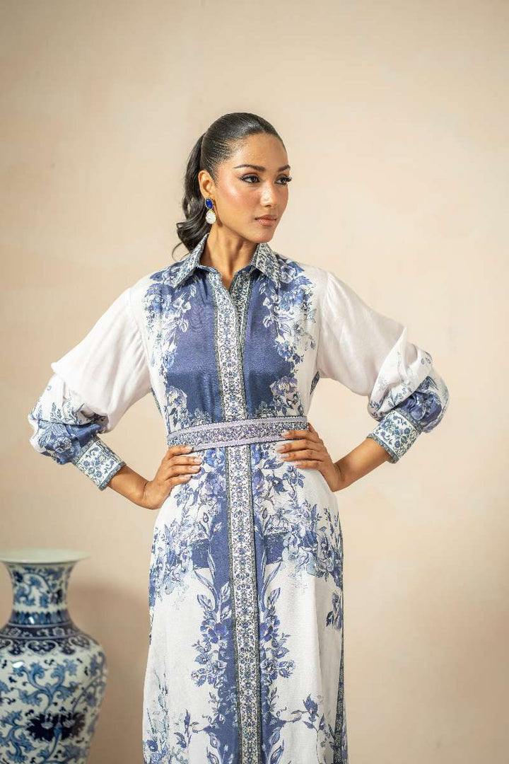 Shamaeel - Sapphire Breeze Viscose Silk Suit For Women - Blue & White - 2 Piece