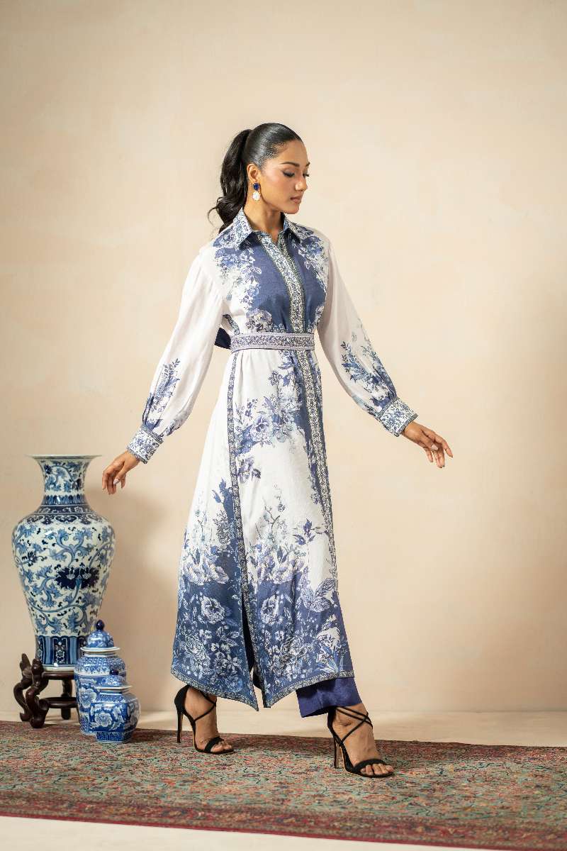Shamaeel - Sapphire Breeze Viscose Silk Suit For Women - Blue & White - 2 Piece