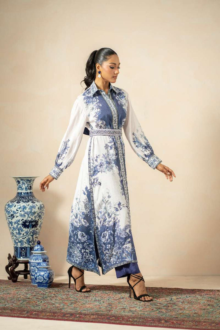 Shamaeel - Sapphire Breeze Viscose Silk Suit For Women - Blue & White - 2 Piece