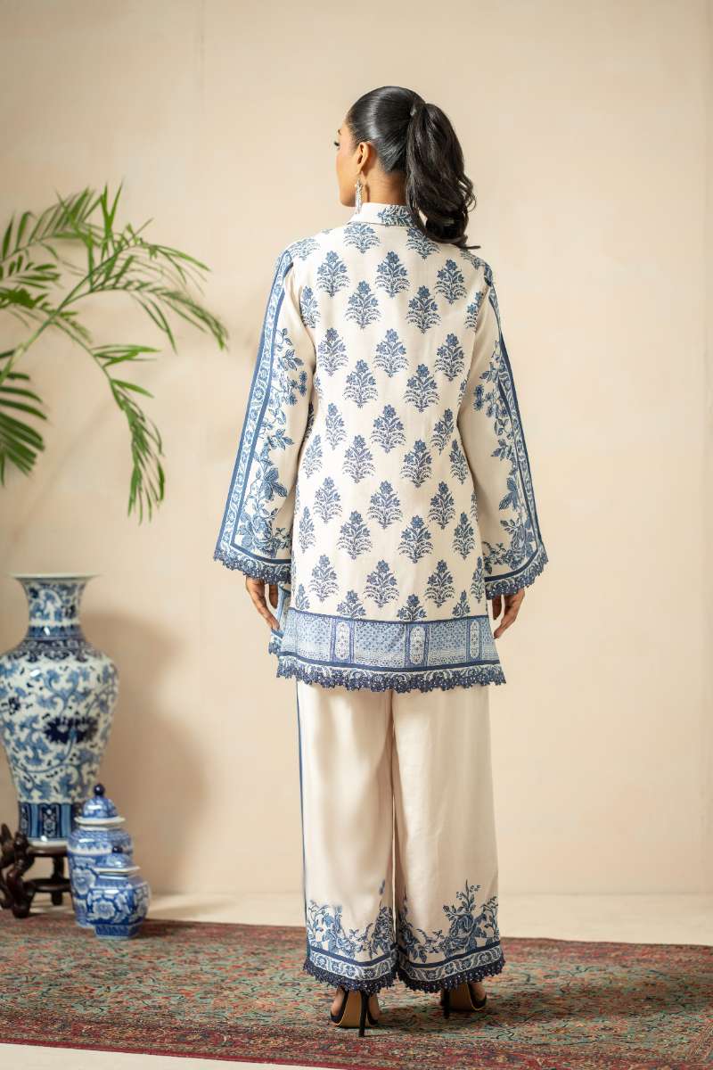 Shamaeel - Blue Opal Khaadi Silk Suit For Women - Blue & White - 2 Piece