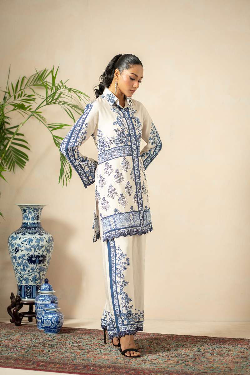 Shamaeel - Blue Opal Khaadi Silk Suit For Women - Blue & White - 2 Piece