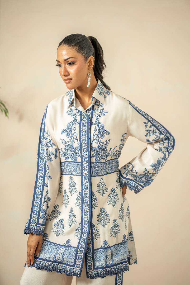 Shamaeel - Blue Opal Khaadi Silk Suit For Women - Blue & White - 2 Piece
