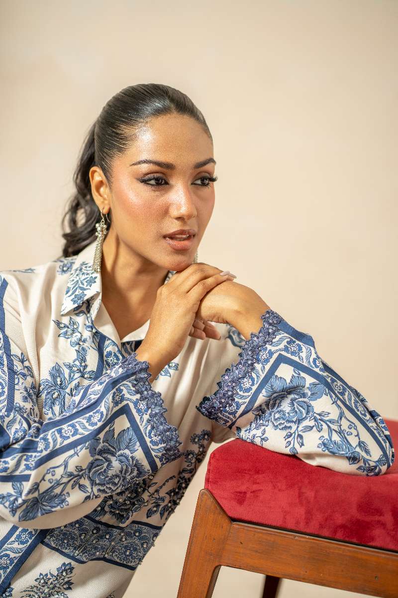 Shamaeel - Blue Opal Khaadi Silk Suit For Women - Blue & White - 2 Piece