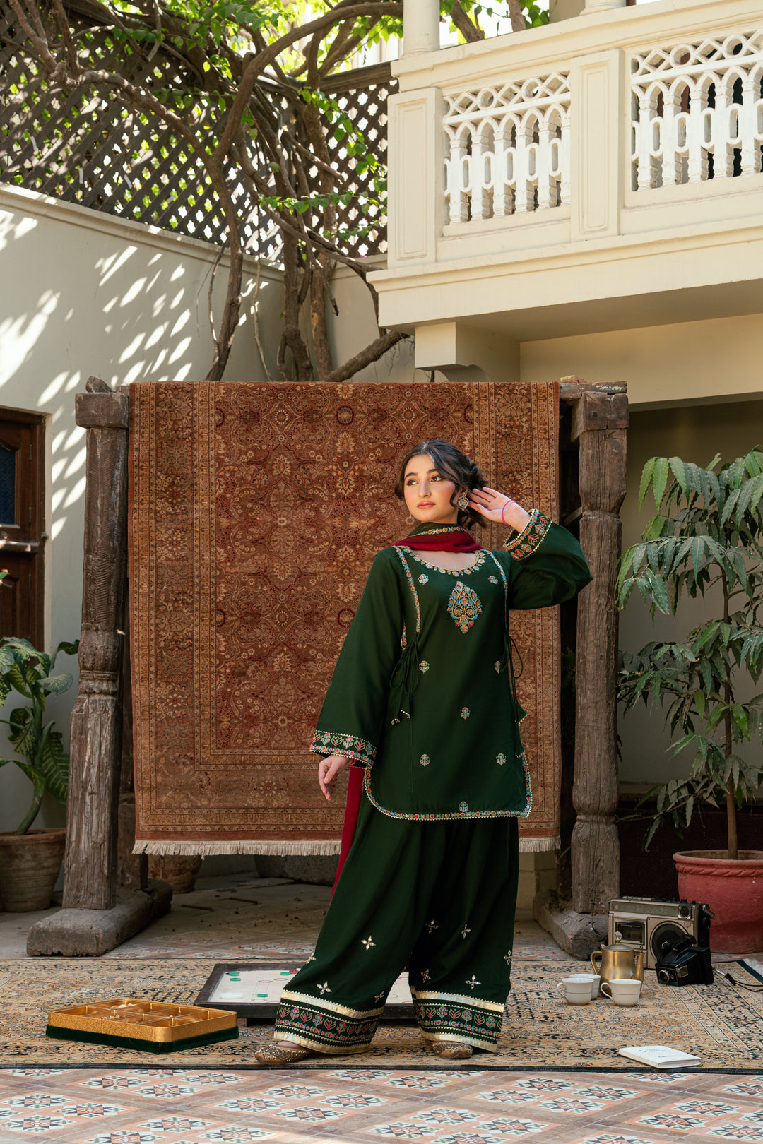 Omal by Komal - Amber Khaddar Suit For Women - Dark Green - 3 Piece