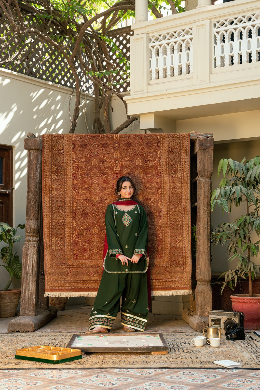 Omal by Komal - Amber Khaddar Suit For Women - Dark Green - 3 Piece