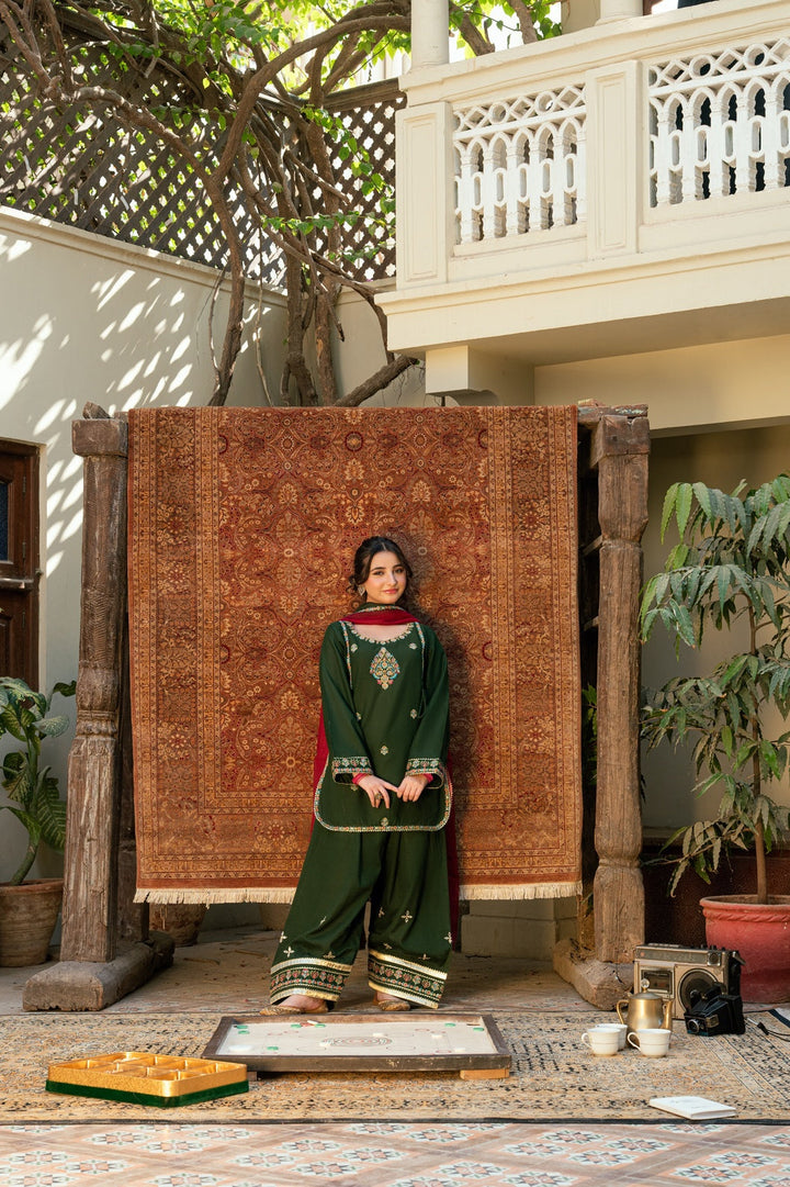 Omal by Komal - Amber Khaddar Suit For Women - Dark Green - 3 Piece