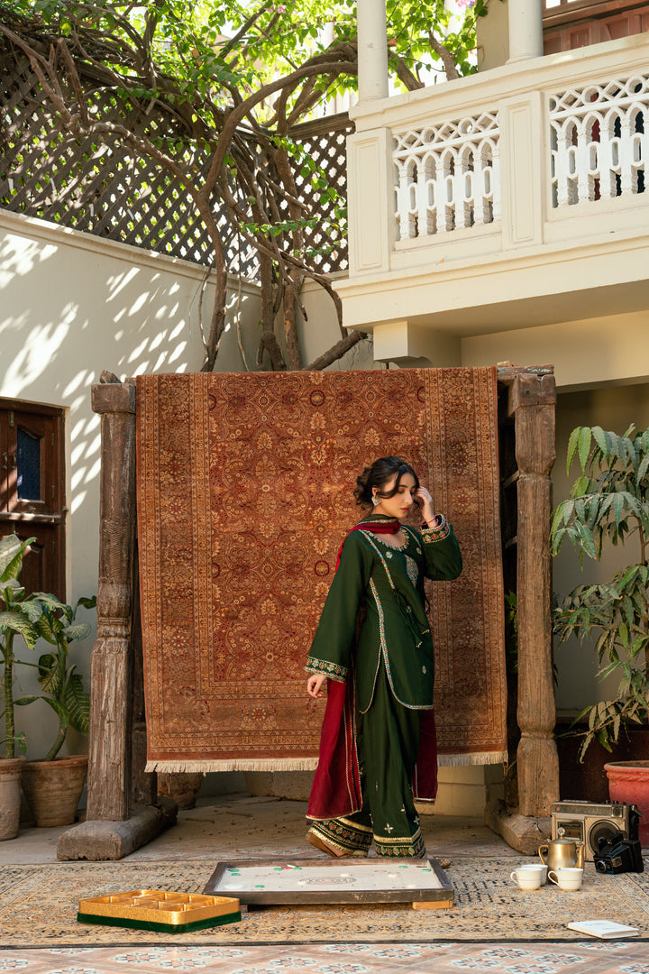 Omal by Komal - Amber Khaddar Suit For Women - Dark Green - 3 Piece