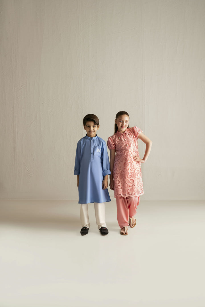 Shehrnaz - Cotton Chambray Elephant Print Kurta Set For Boy - Chambray Blue