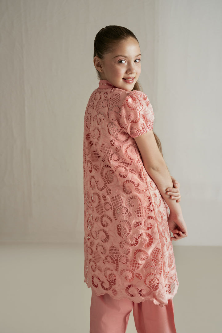 Shehrnaz - Chikan / Cotton Tea Pink Chikankari Puff Suit For Girl - Tea Pink