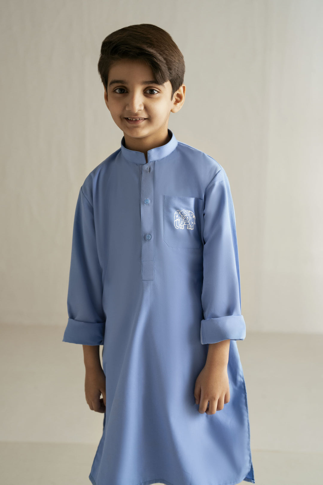 Shehrnaz - Cotton Chambray Elephant Print Kurta Set For Boy - Chambray Blue