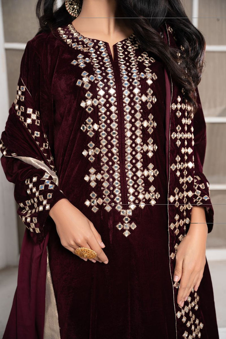 Laleen Marigold Suit Maroon 3 Piece