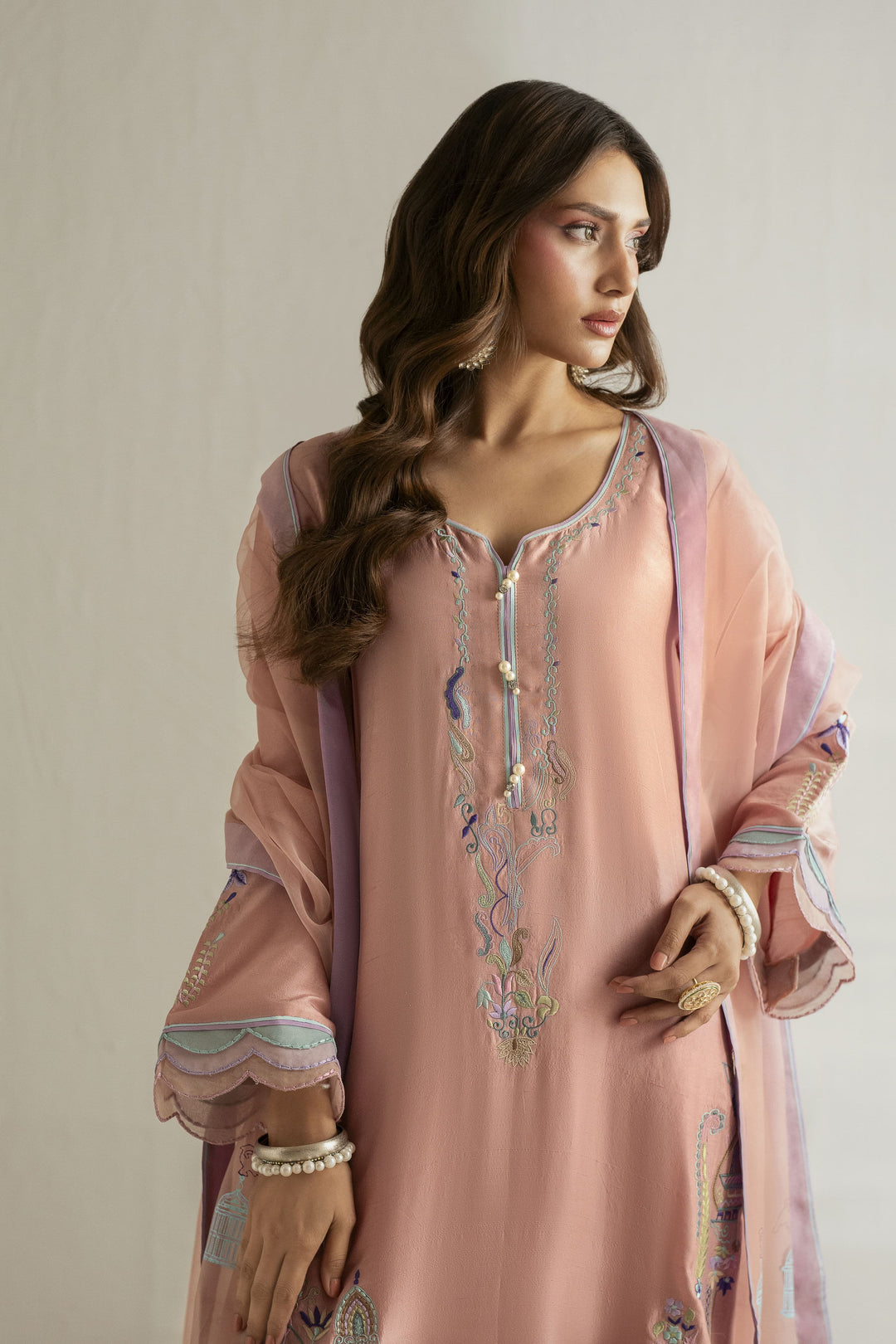 Shehrnaz - Pure Raw Silk Tea Rose Lace Suit For Women - Tea Pink