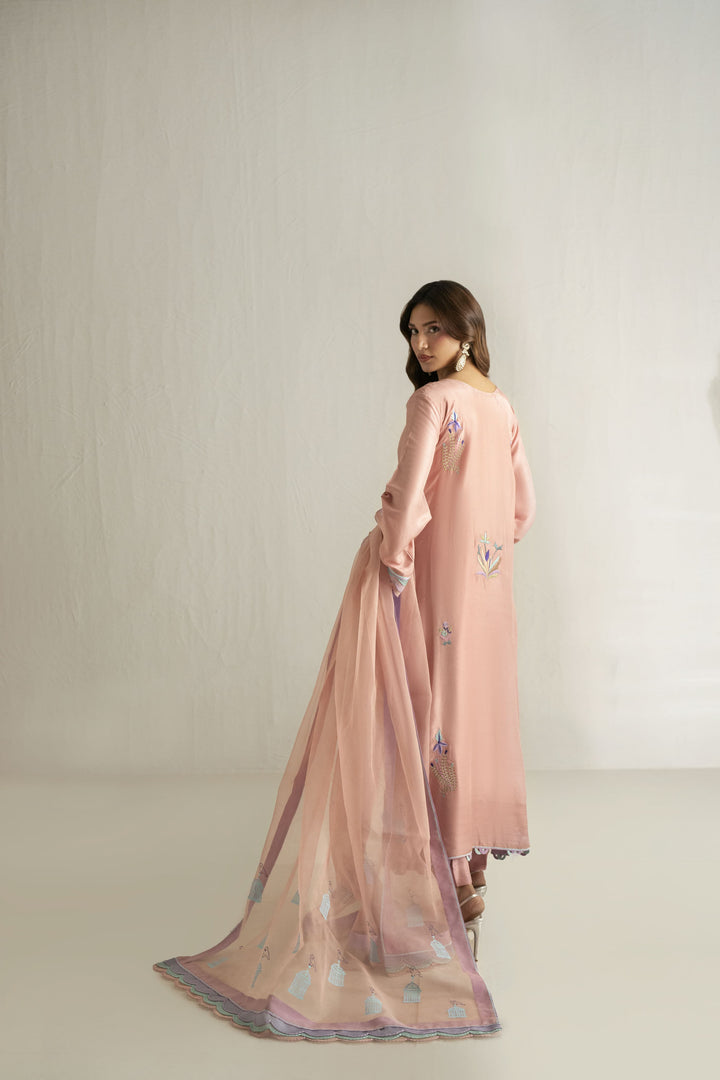 Shehrnaz - Pure Raw Silk Tea Rose Lace Suit For Women - Tea Pink