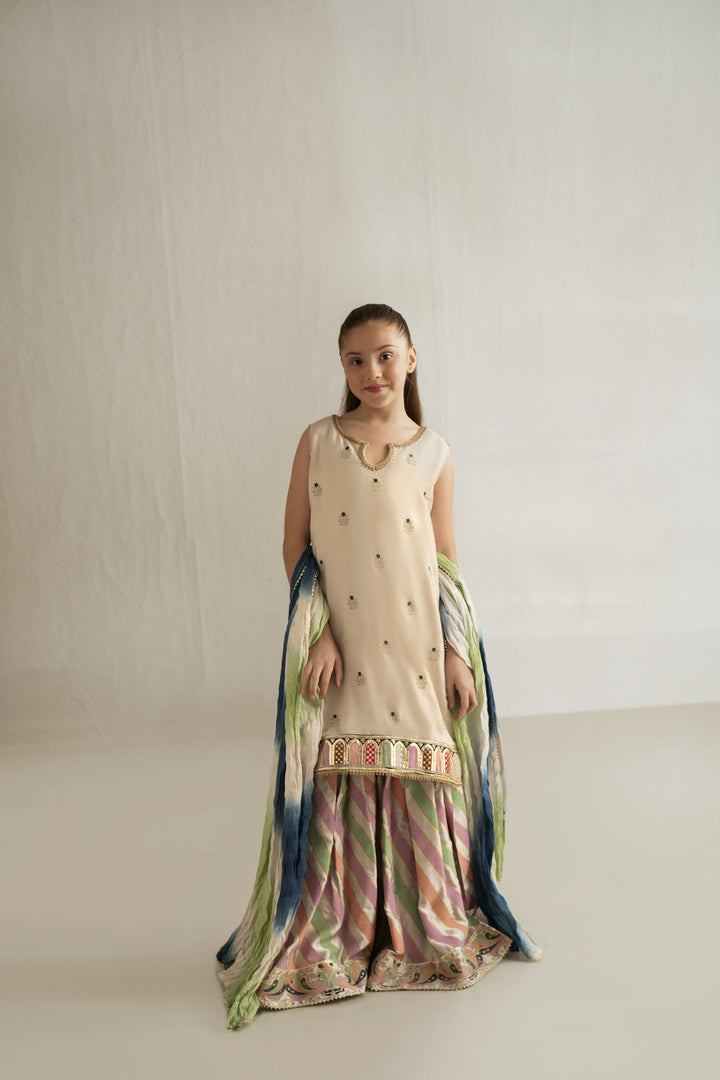 Shehrnaz - Cotton Net / Silk Beige Daman Shirt With Block Gharara Set For Girl - Beige