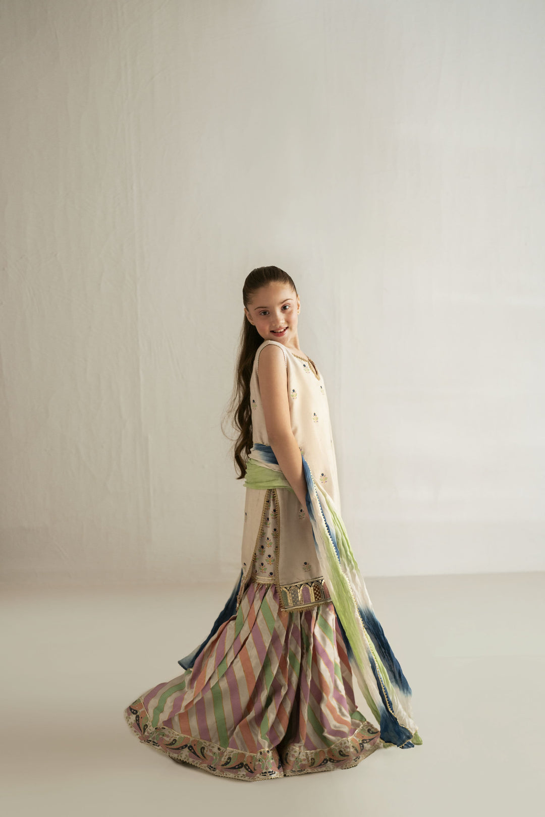 Shehrnaz - Cotton Net / Silk Beige Daman Shirt With Block Gharara Set For Girl - Beige