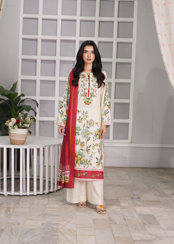 Aroshlay - Ruby Petal Printed Lawn Suit For Women - Cream - 3 Piece - Studio by TCS