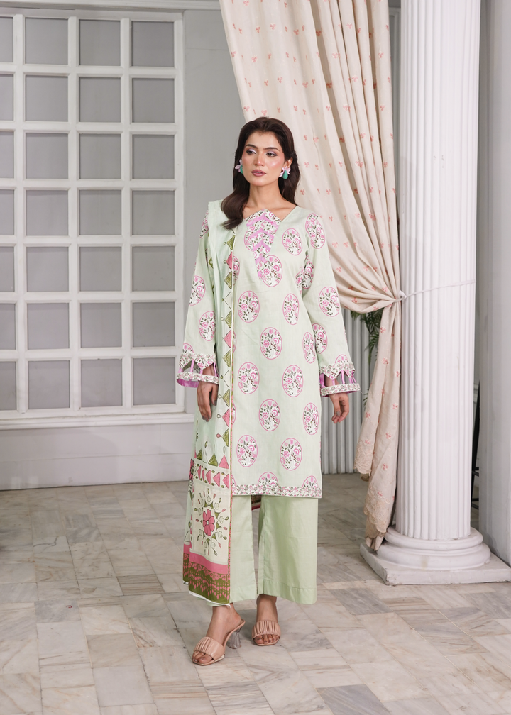 Aroshlay - Emerald Bloom Printed Lawn Suit For Women - Tea Green - 3 Piece - Studio by TCS