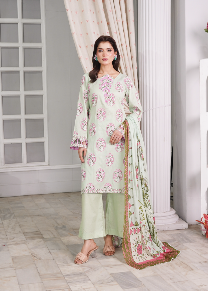 Aroshlay - Emerald Bloom Printed Lawn Suit For Women - Tea Green - 3 Piece - Studio by TCS