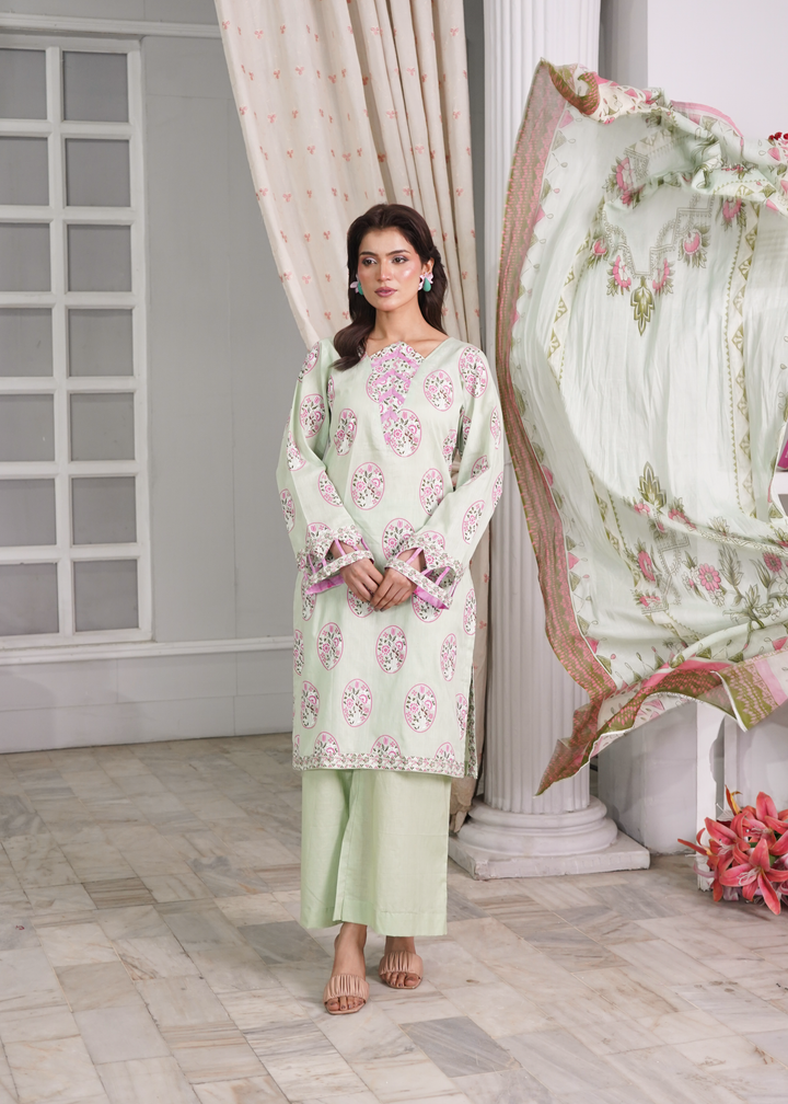 Aroshlay - Emerald Bloom Printed Lawn Suit For Women - Tea Green - 3 Piece - Studio by TCS