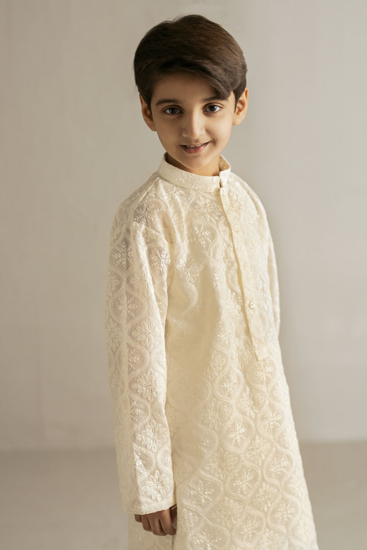 Shehrnaz - Cotton Net / Cotton Off-White Embroidered Net Kurta Set For Boy - Off-White