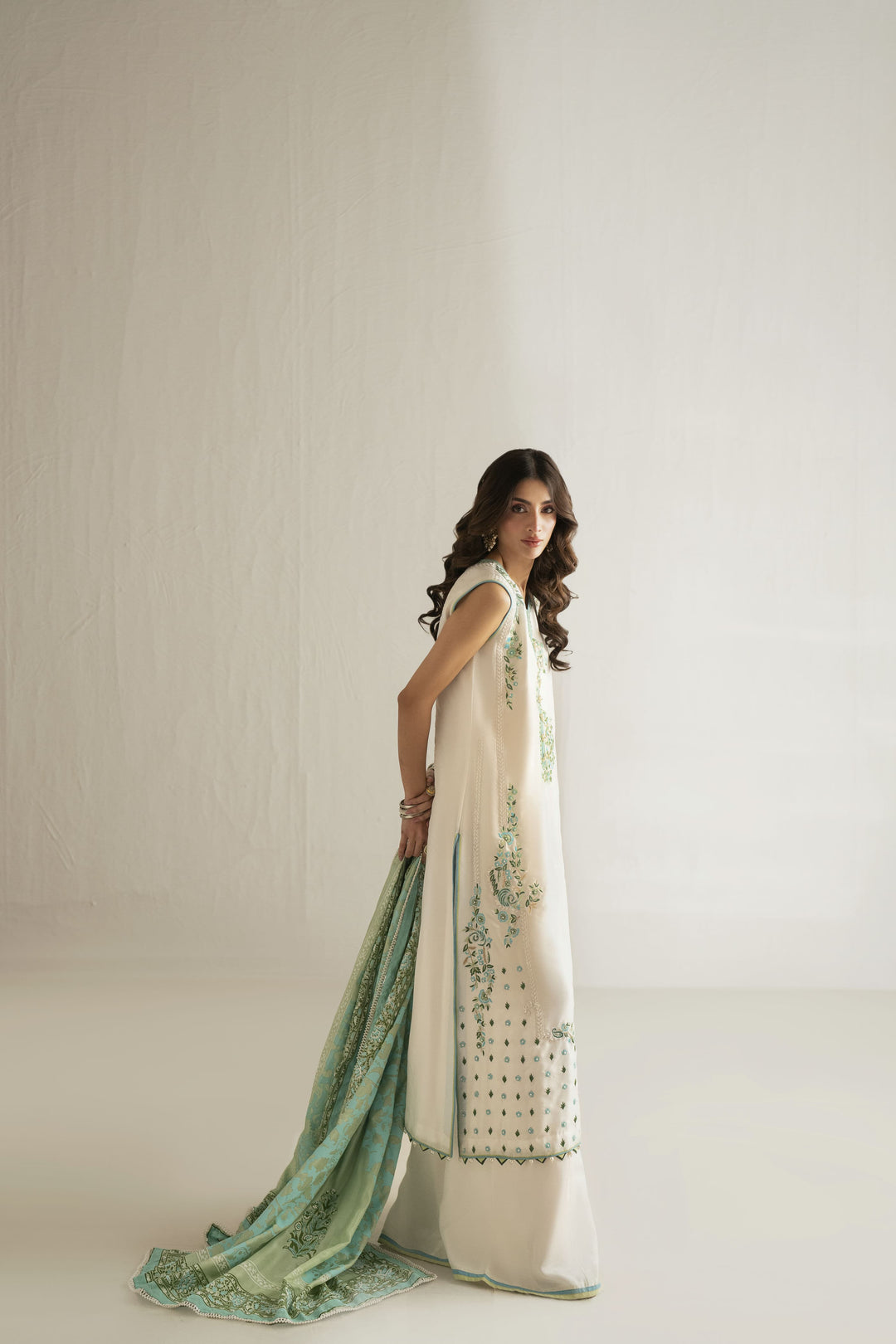 Shehrnaz - Pure Raw Silk Ivory Sage Breeze Suit For Women - White