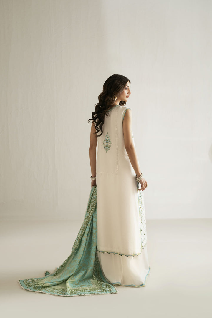 Shehrnaz - Pure Raw Silk Ivory Sage Breeze Suit For Women - White