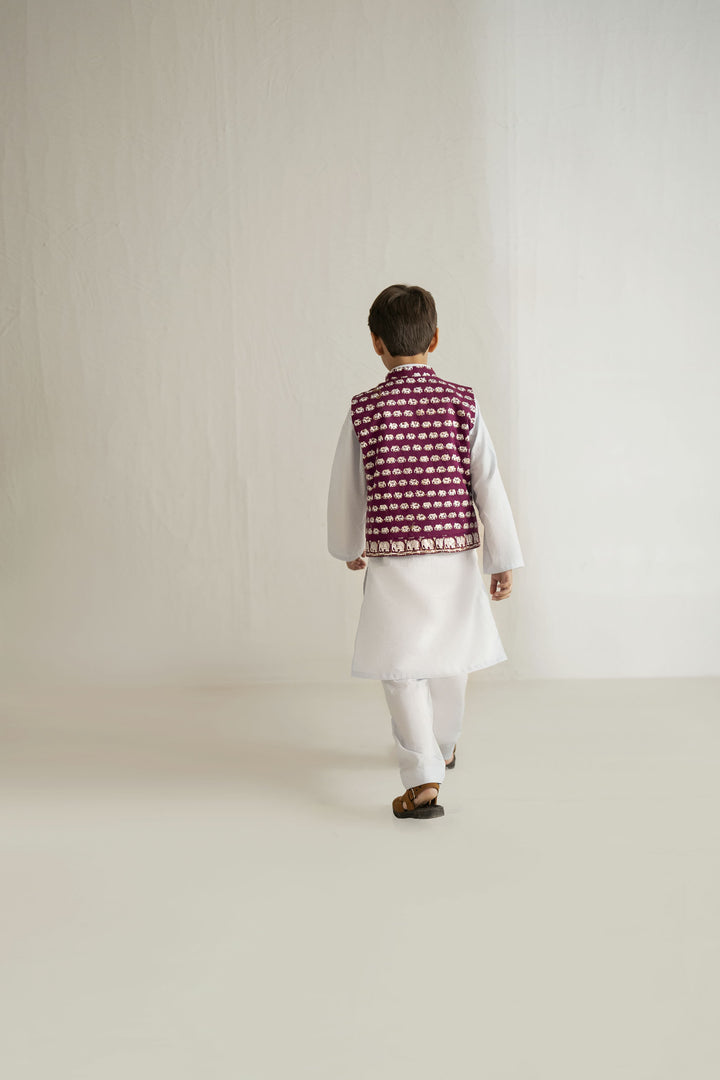 Shehrnaz - Cotton Blue Elephant Kurta With Purple Waistcoat Set For Boy - White / Purple