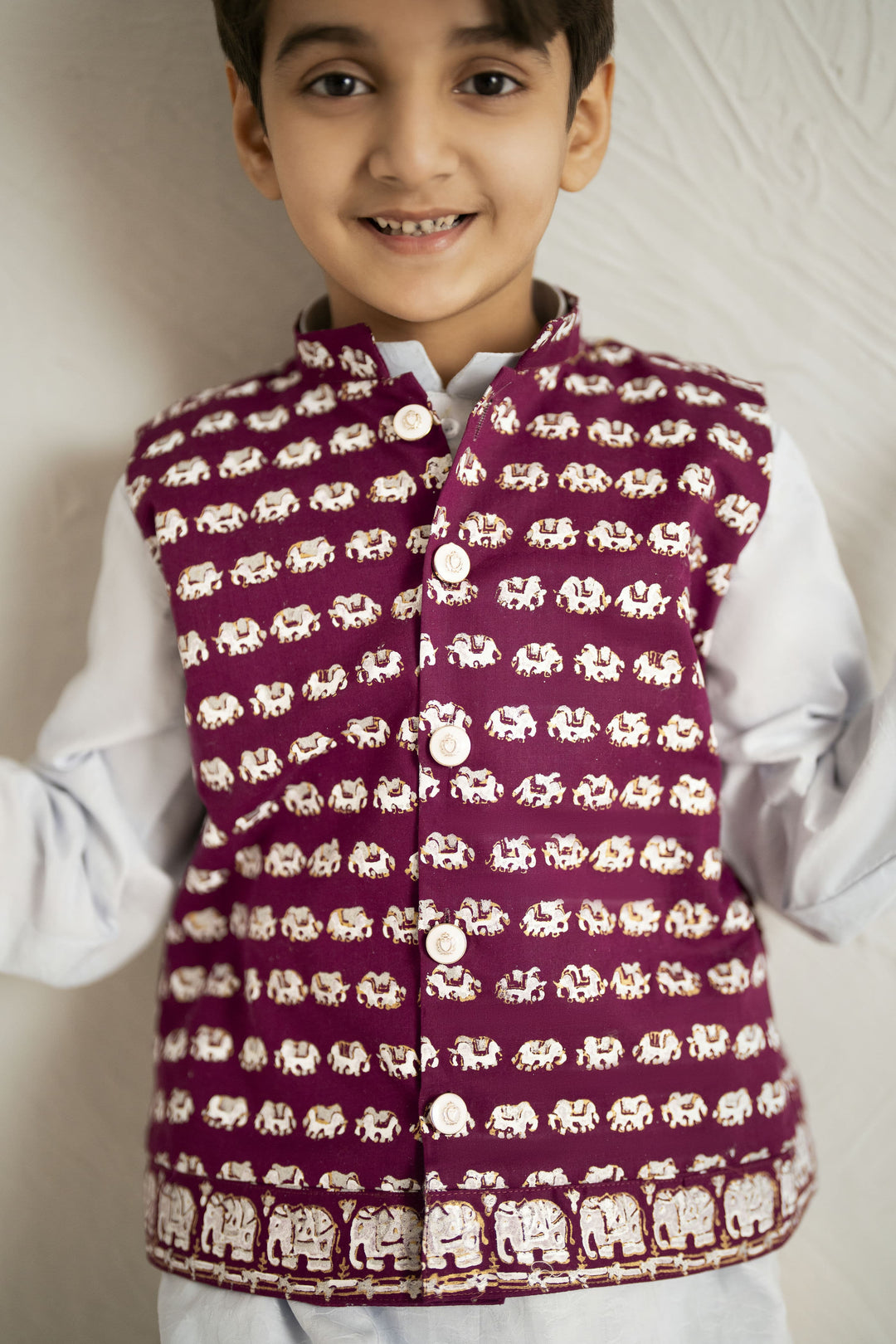 Shehrnaz - Cotton Blue Elephant Kurta With Purple Waistcoat Set For Boy - White / Purple