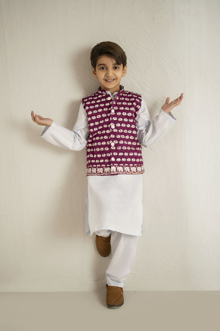 Shehrnaz - Cotton Blue Elephant Kurta With Purple Waistcoat Set For Boy - White / Purple