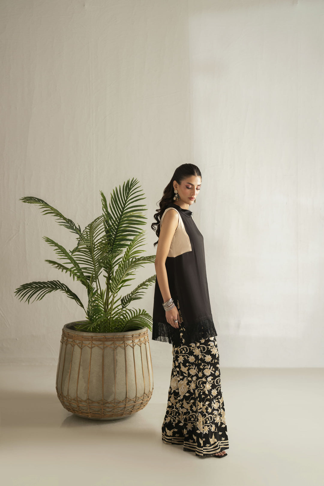 Shehrnaz - Georgette Viscose Midnight Botanica Co-Ord For Women - Black