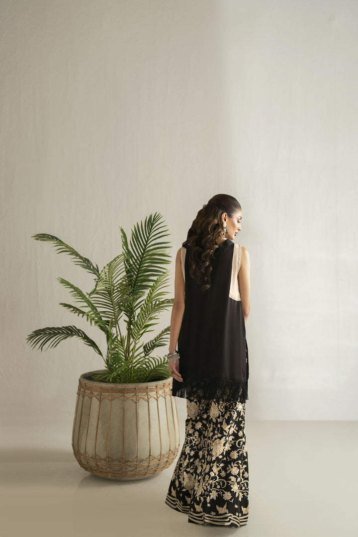 Shehrnaz - Georgette Viscose Midnight Botanica Co-Ord For Women - Black